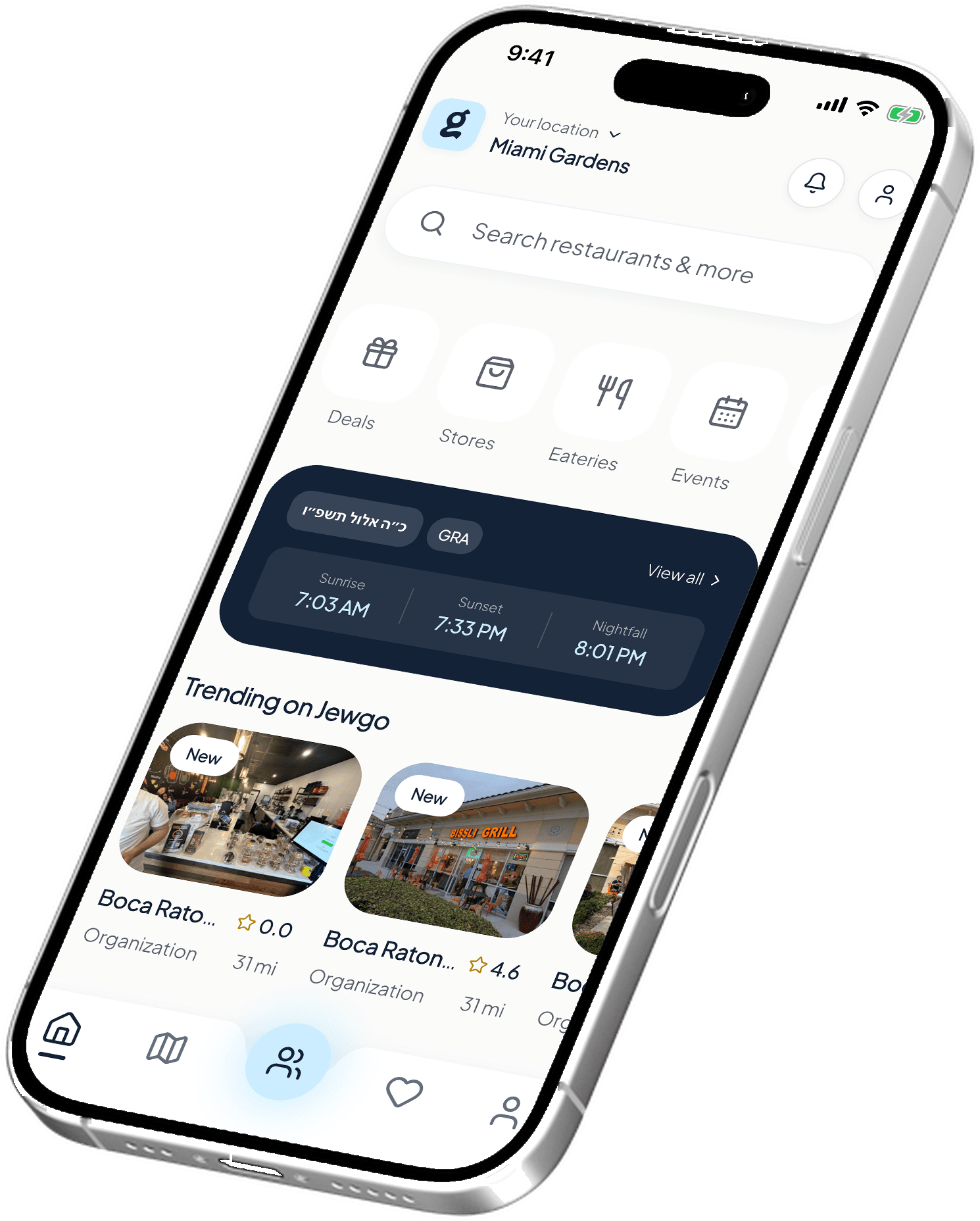 Jewgo Nav's home screen, showing kosher places, zmanim and what is trending nearby